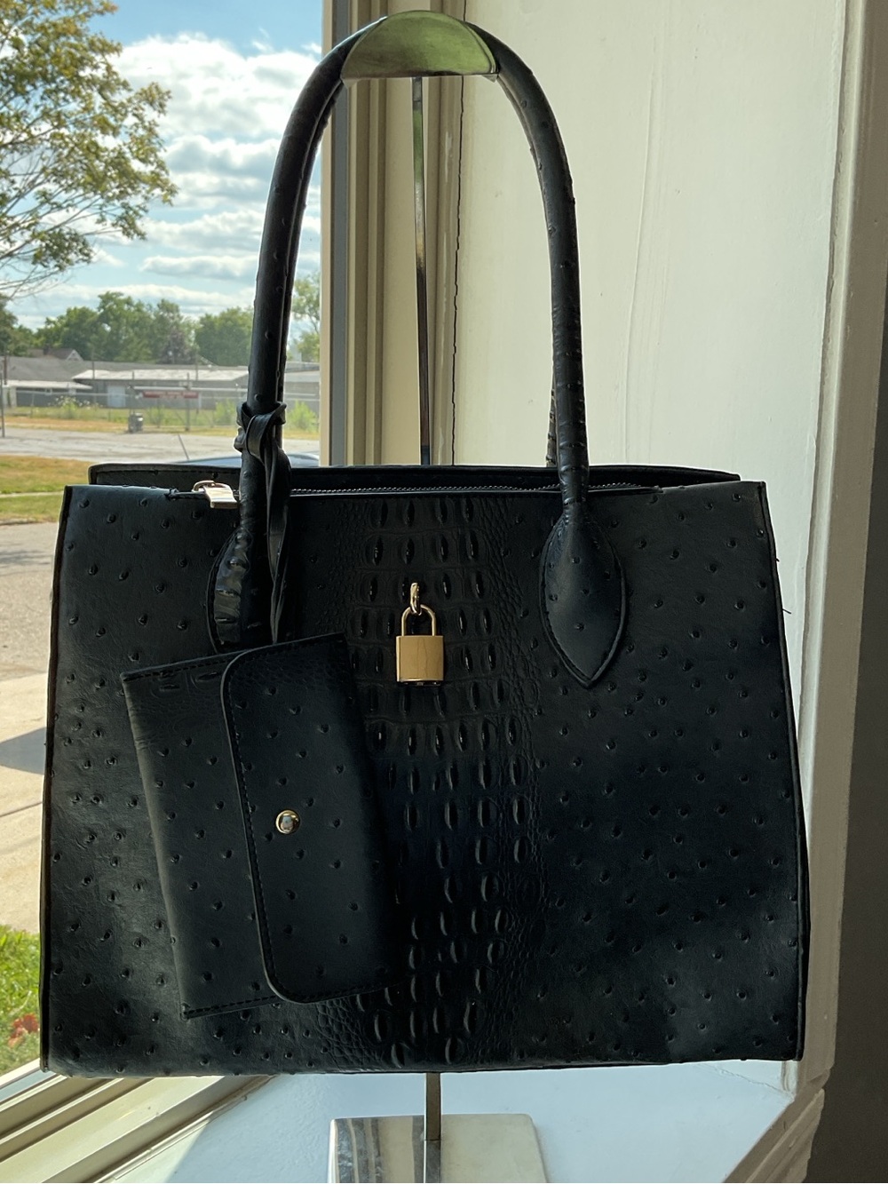 Black Textured Tote Bag with Gold Accent